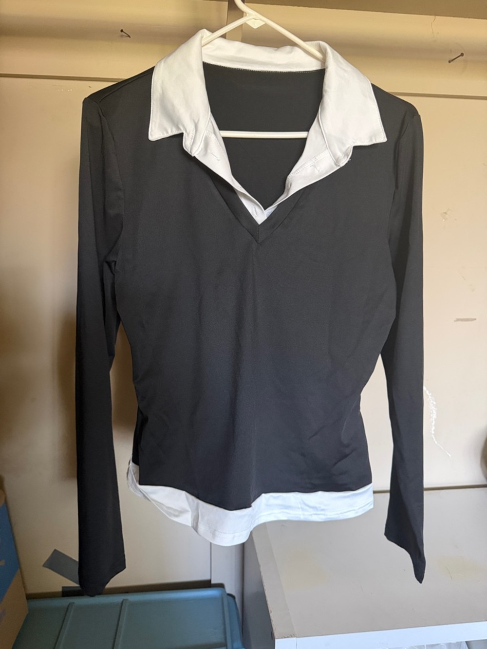 SHEIN Black Long-Sleeve Layered Polo Top with White Collar